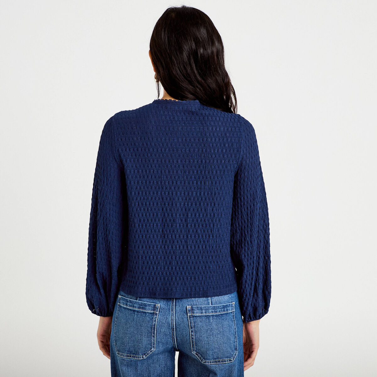 Blouse col rond manches longues bleu fonc&eacute; femme