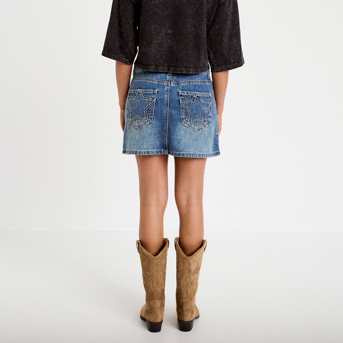 Jupe-short droite en jean denim double stone femme