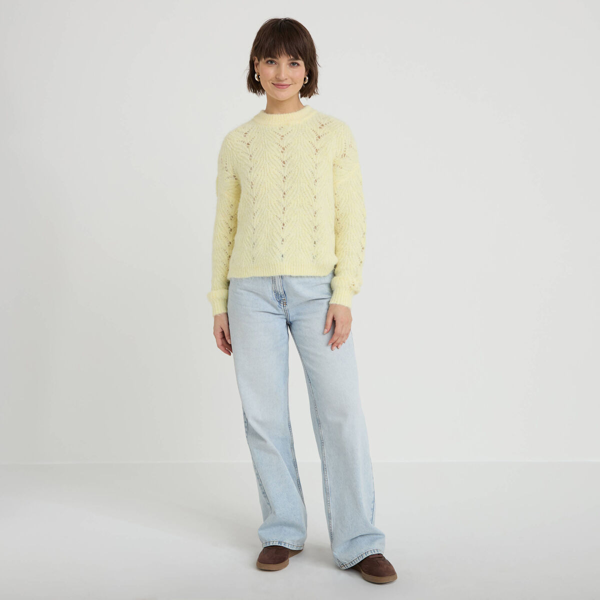 Pull ajour&eacute; manches longues jaune clair femme