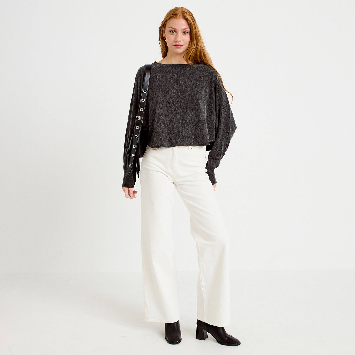Cape boyfriend cropped col rond gris fonc&eacute; femme
