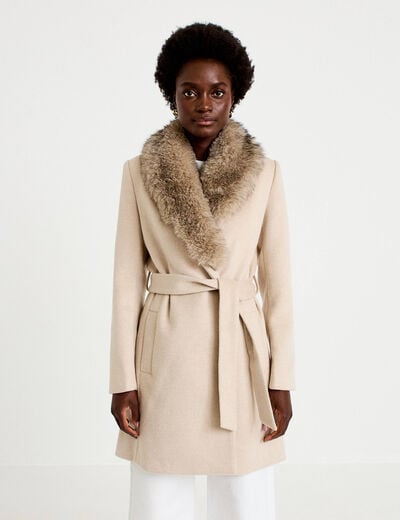 Manteau cintr&eacute; col ch&acirc;le manches longues beige femme