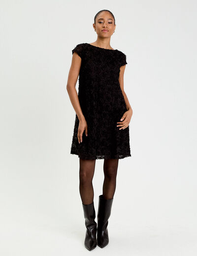 Robe droite motif floral en relief noir femme