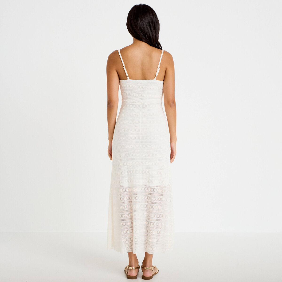 Robe longue droite col b&eacute;nitier dentelle ecru femme
