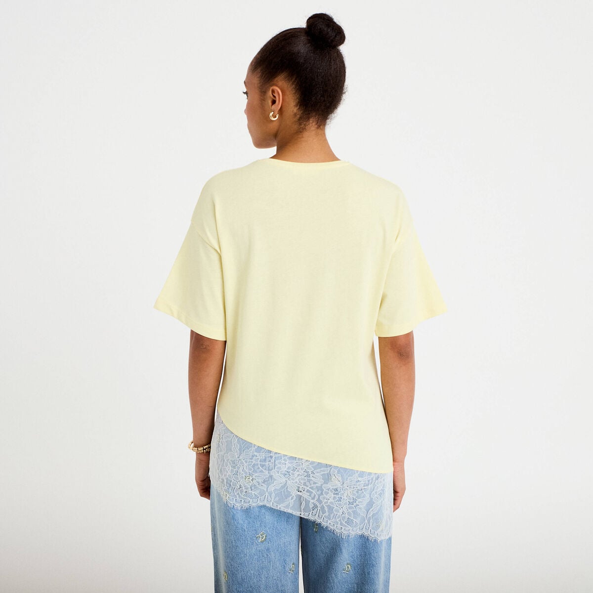 T-shirt oversize longue dentelle jaune clair femme