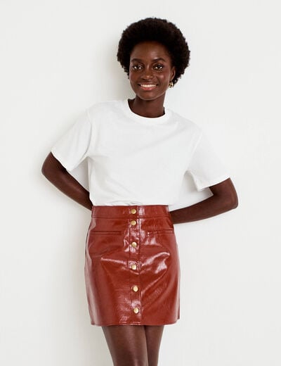 Jupe trap&egrave;ze courte en similicuir marron cognac femme