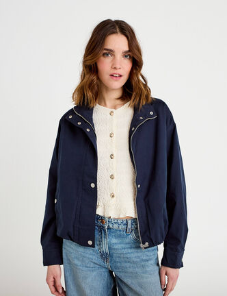 Blouson court bas resserr&eacute; bleu marine femme