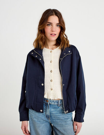 Blouson court bas resserr&eacute; bleu marine femme