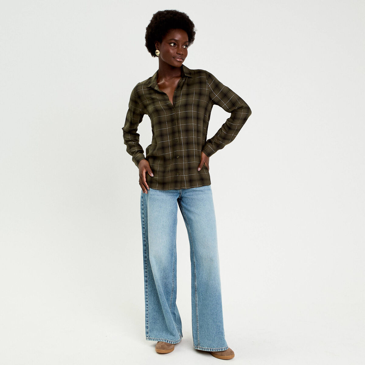 Chemise &agrave; carreaux fils m&eacute;tallis&eacute;s vert menthe femme