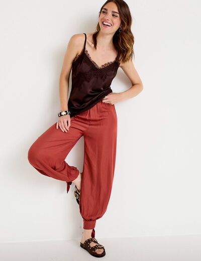 Pantalon large taille standard satin&eacute; vieux rose femme
