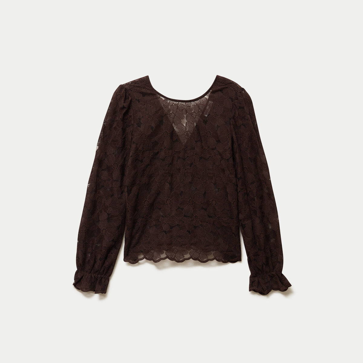 Blouse droite col v en dentelle marron fonc&eacute; femme