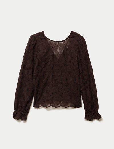 Blouse droite col v en dentelle marron fonc&eacute; femme