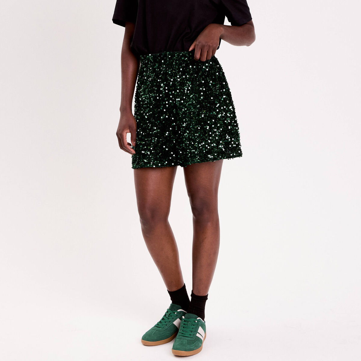 Short flare &agrave; sequins brillants vert fonc&eacute; femme
