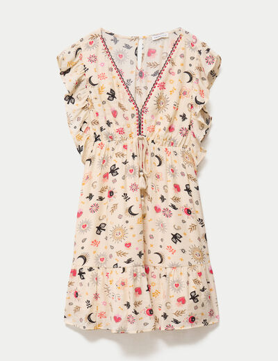 Robe courte &eacute;vas&eacute;e col v manches courtes blanc femme