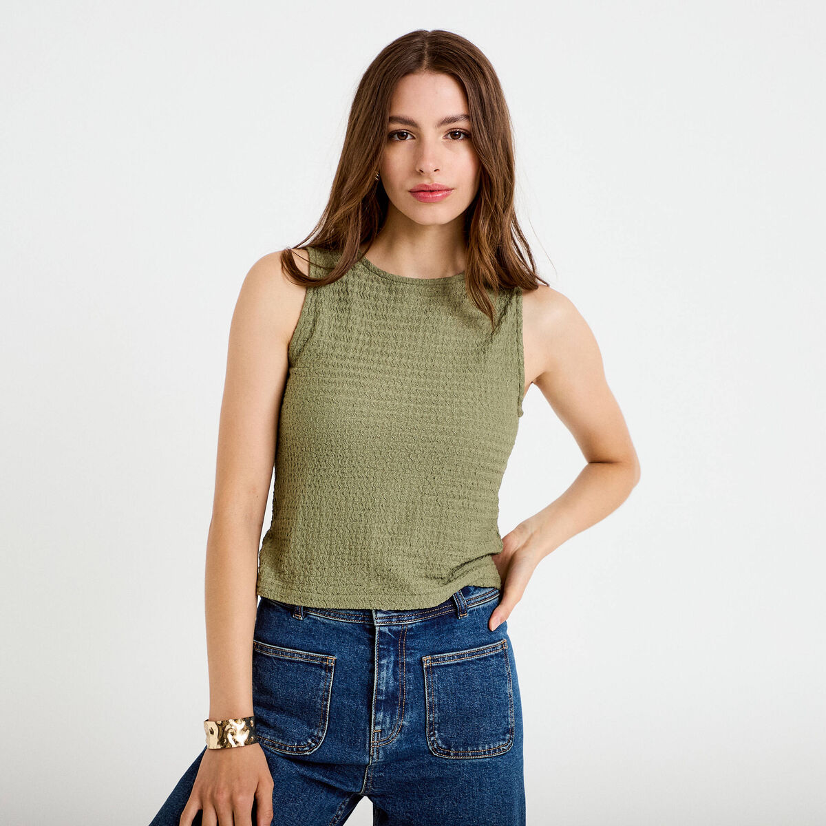 Top pliss&eacute; col rond manches courtes vert kaki femme