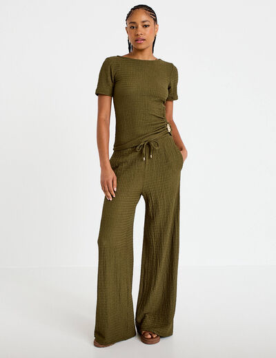 T-shirt col rond manches courtes bijou vert kaki femme
