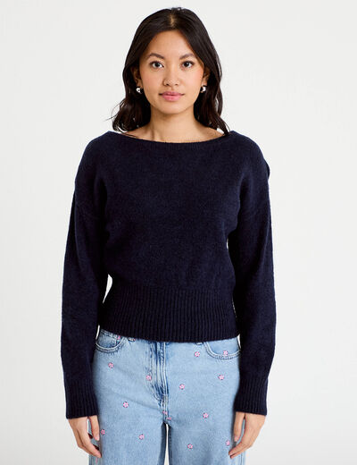 Pull col bateau bleu marine femme
