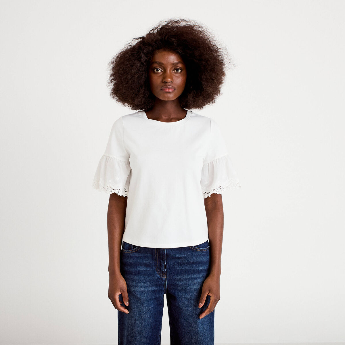 T-shirt broderie manches courtes ecru femme