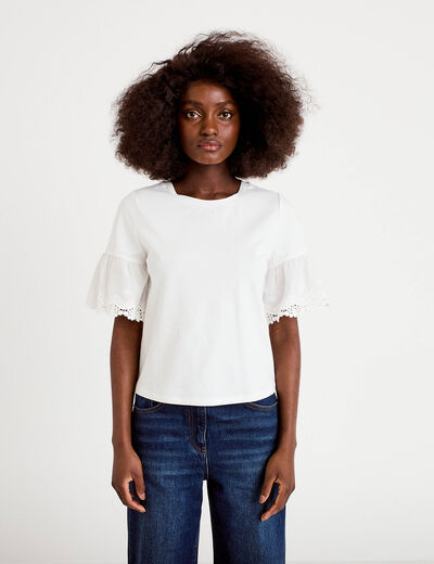 T-shirt broderie manches courtes ecru femme