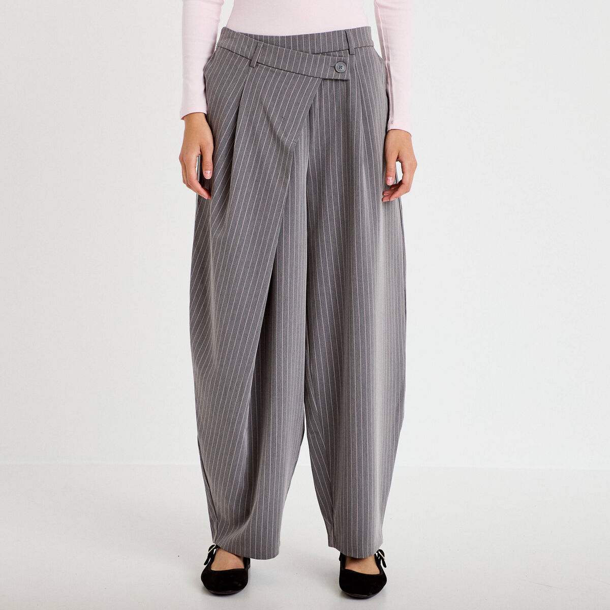 Pantalon barrel taille basse gris femme