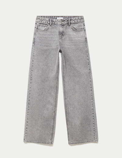 Jean wide leg taille basse strass denim gris femme