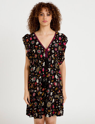 Robe &eacute;vas&eacute;e cr&ecirc;pe col v manches courtes noir femme