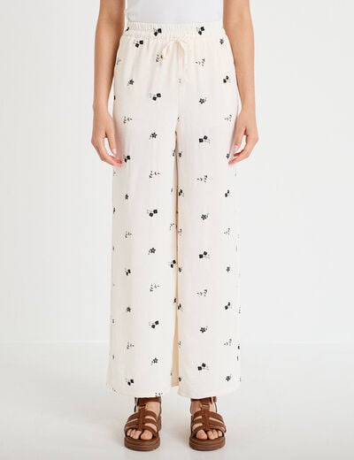 Pantalon large brod&eacute; taille standard blanc femme