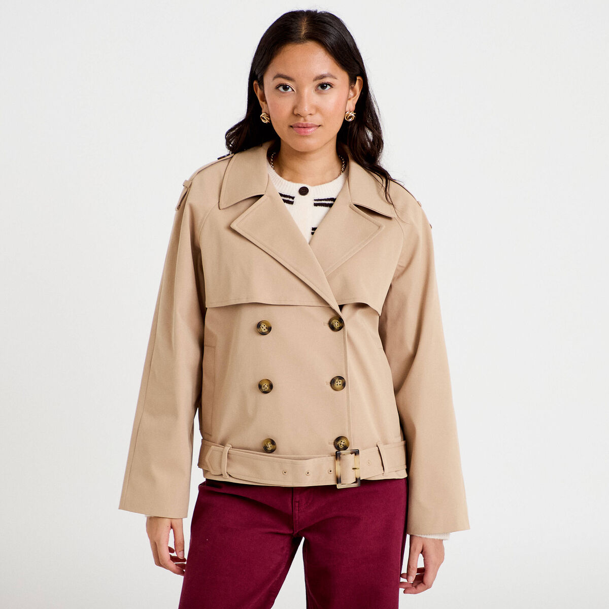 Trench droit manches longues beige femme