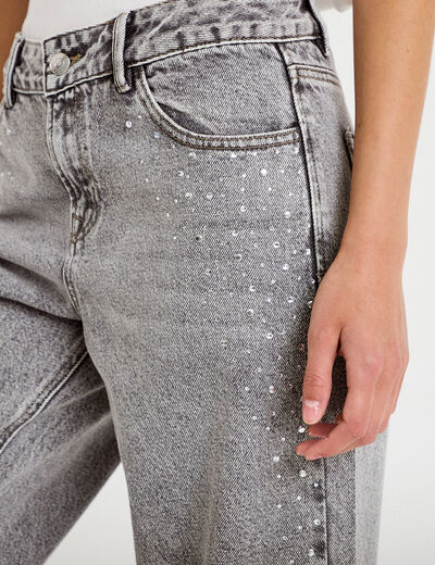 Jean wide leg taille basse strass denim gris femme