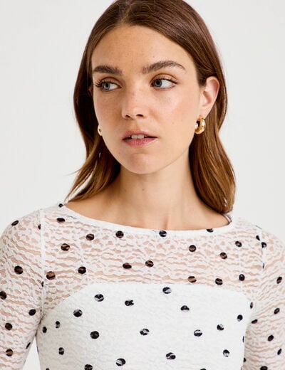 Top dentelle pliss&eacute; col bateau blanc femme