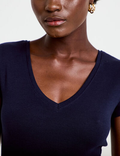 T-shirt ajust&eacute; col v manches courtes bleu marine femme