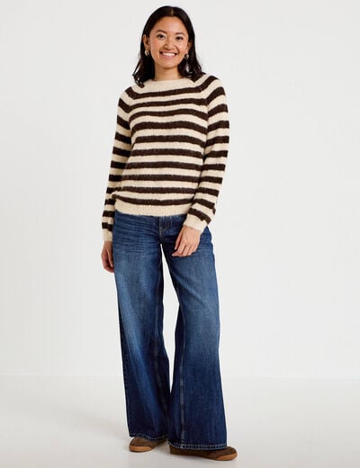 Pull ample col rond manches longues ivoire femme
