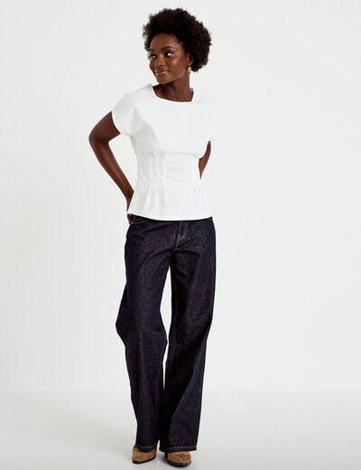 Top ajust&eacute; col rond manches courtes ecru femme