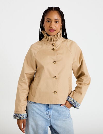 Veste droite col montant manches longues beige femme