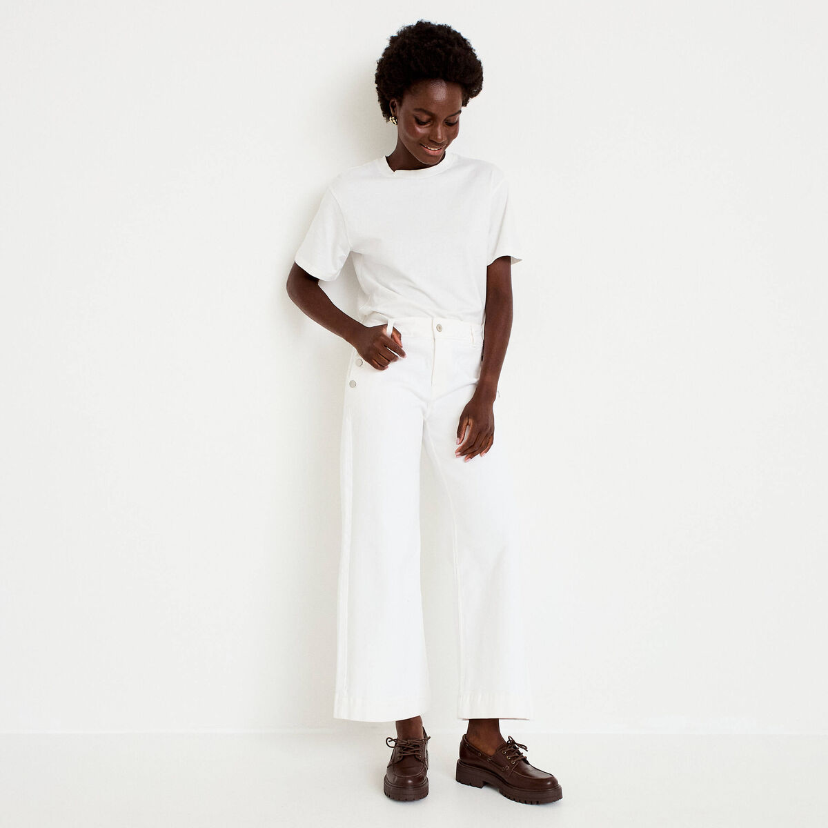 Jean wide leg cropped taille haute denim blanc femme
