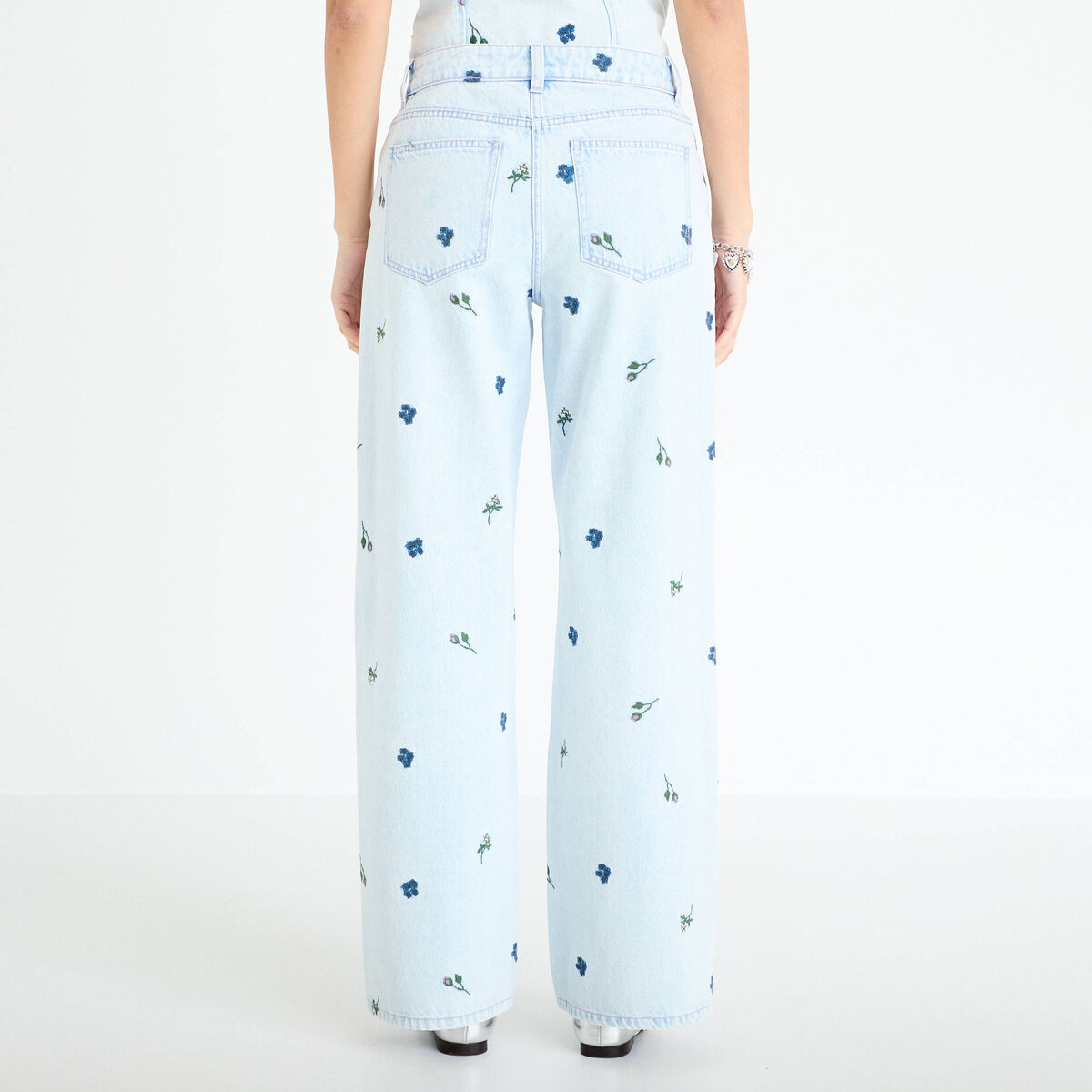 Jean wide leg brod&eacute; Bridgerton bleu clair femme