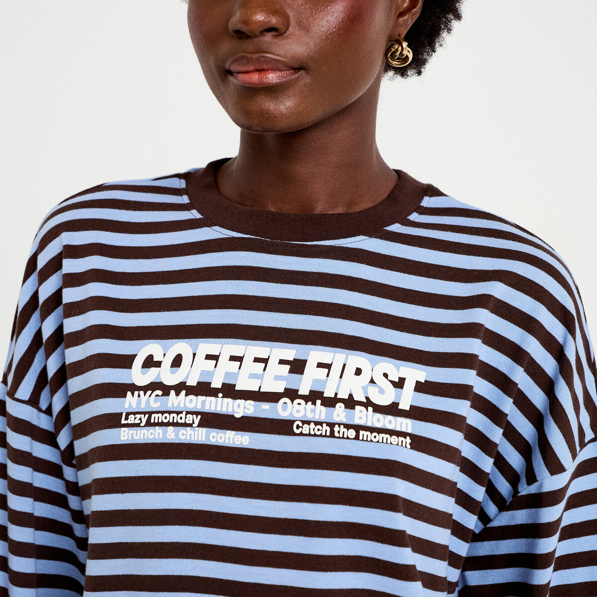 T-shirt col rond manches longues marron femme