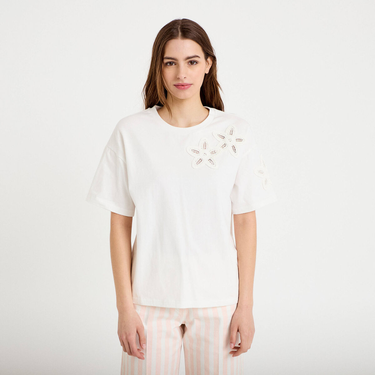 T-shirt col rond manches courtes ecru femme