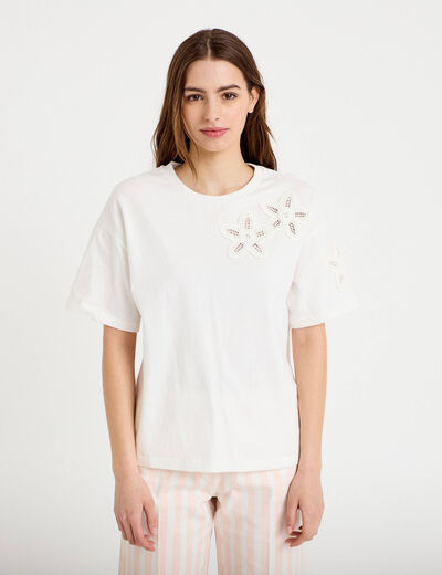 T-shirt col rond manches courtes ecru femme