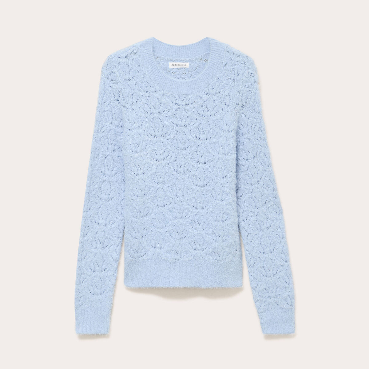 Pull ajour&eacute; col rond manches longues bleu clair femme