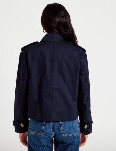 Trench droit court col tailleur bleu marine femme