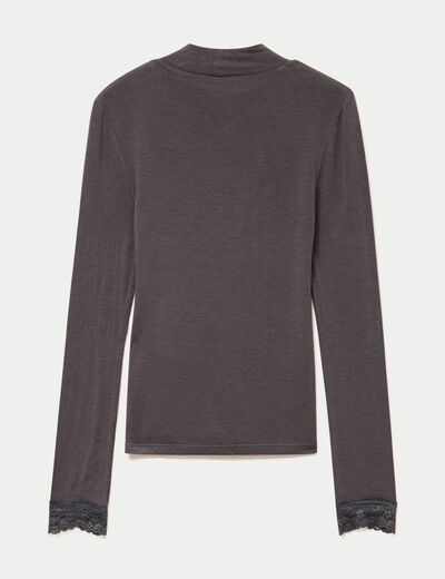 T-shirt ajust&eacute; col roul&eacute; dentelle gris fonc&eacute; femme