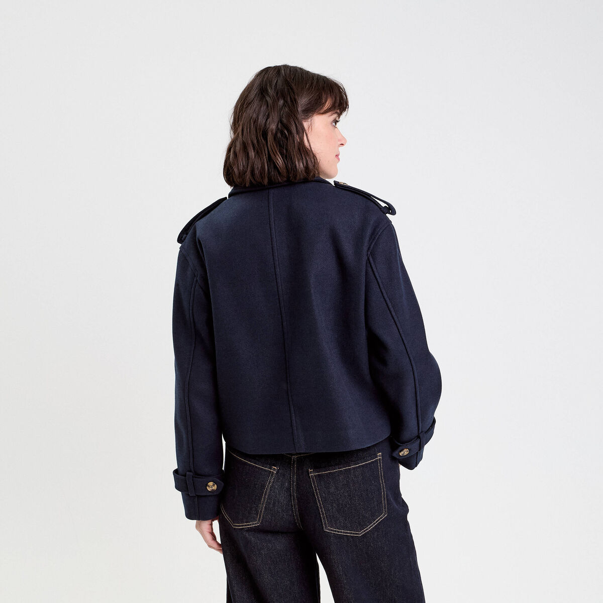 Trench droit court col tailleur bleu marine femme