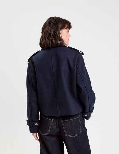 Trench droit court col tailleur bleu marine femme