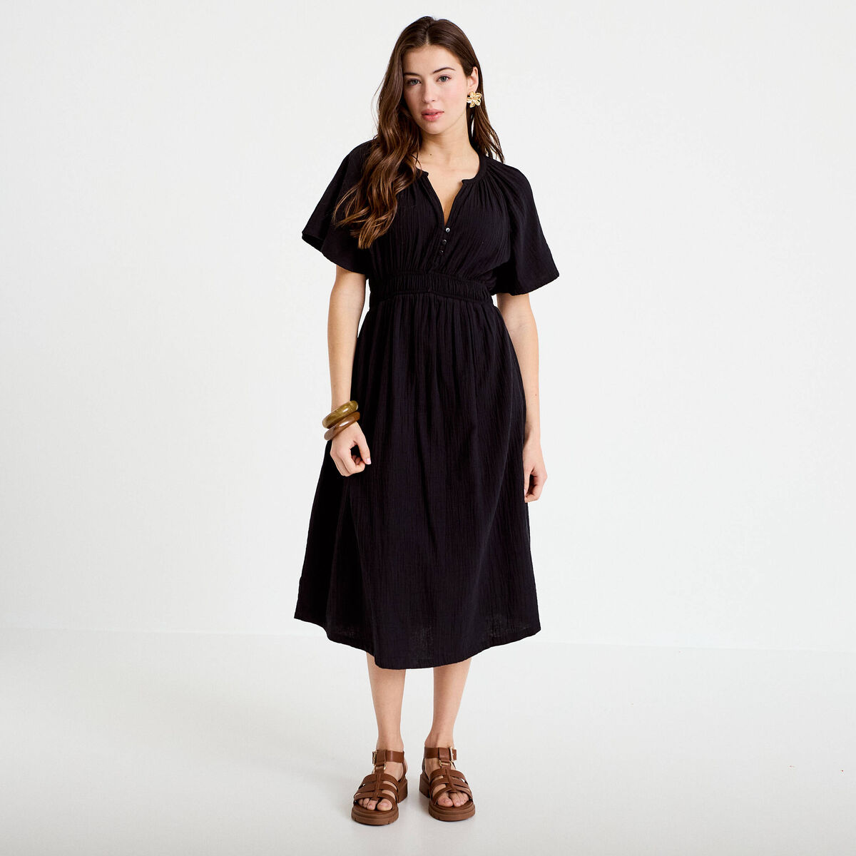 Robe midi pliss&eacute;e col v manches courtes noir femme