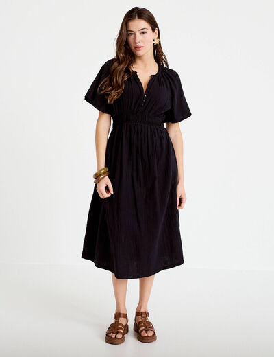 Robe midi pliss&eacute;e col v manches courtes noir femme