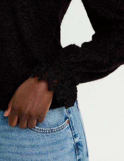 Top dentelle manches longues col rond noir femme