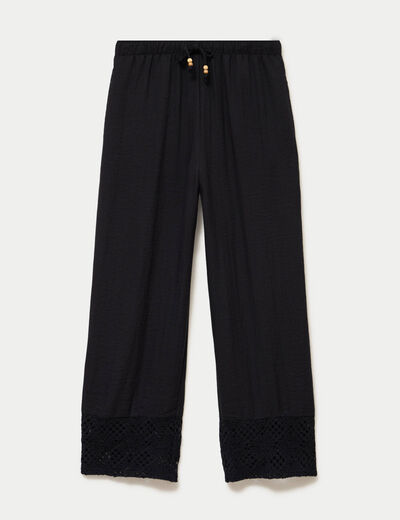 Pantalon large bi-mati&egrave;re pliss&eacute; noir femme
