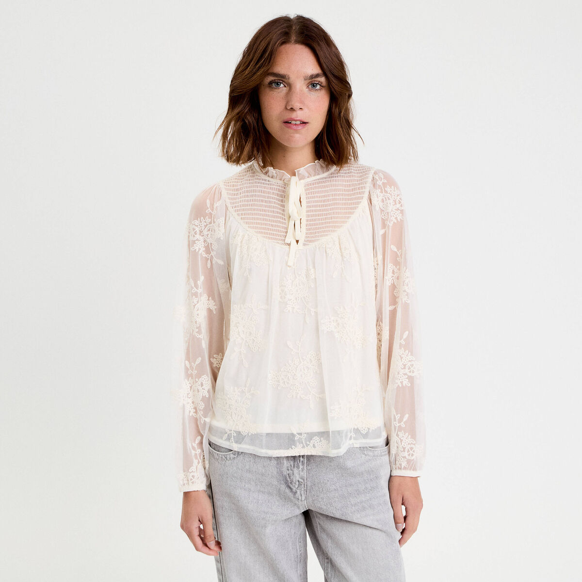Blouse dentelle manches longues ecru femme