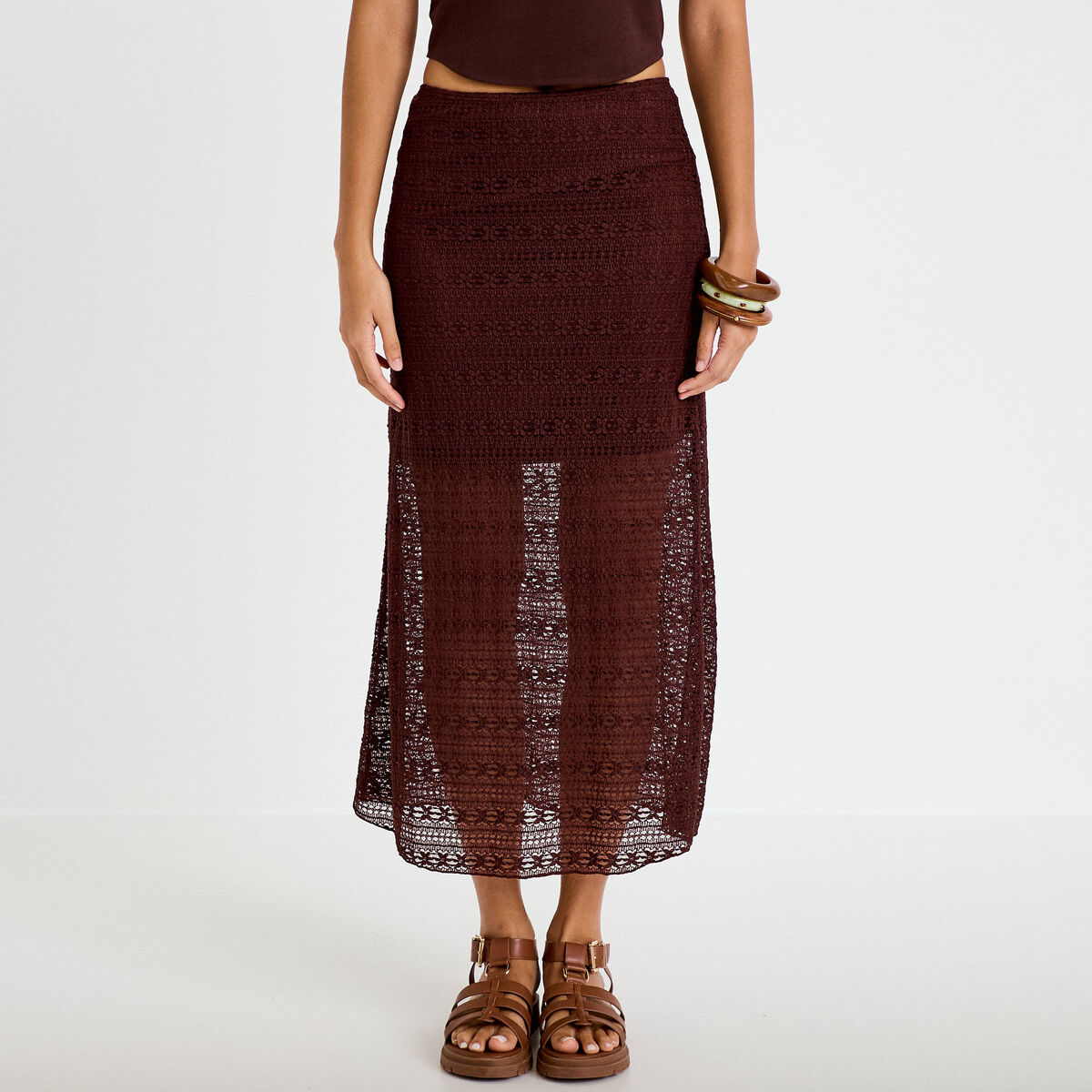 Jupe longue droite en dentelle marron femme