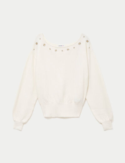 Pull col bateau manches longues ecru femme